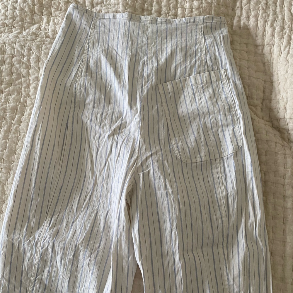 Creatures of Comfort- Highwaisted Ivory Trousers with pale Thin Blue Pinstripes - Picture 6 of 6